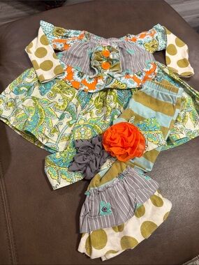 Giggle Moon Floral Stripe Polka Dot Set in Orange, Green, Aqua, Gray